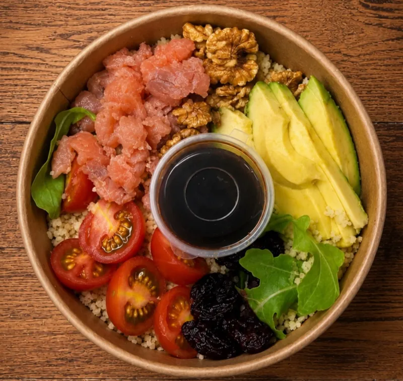 Bowl de cuscús con salmón, aguacate y tomates cherry