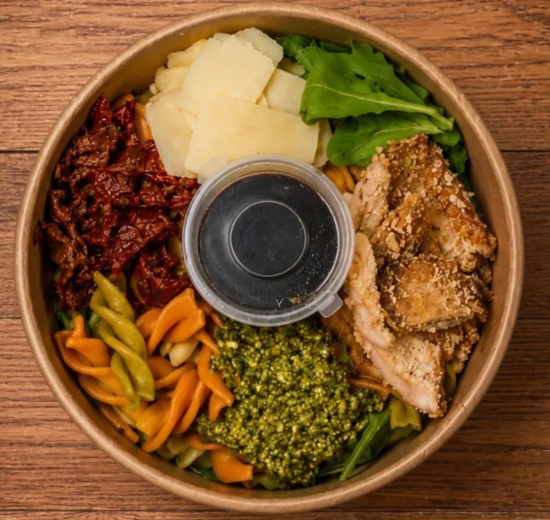 Ensalada de pasta tricolor con pollo, parmesano y pesto