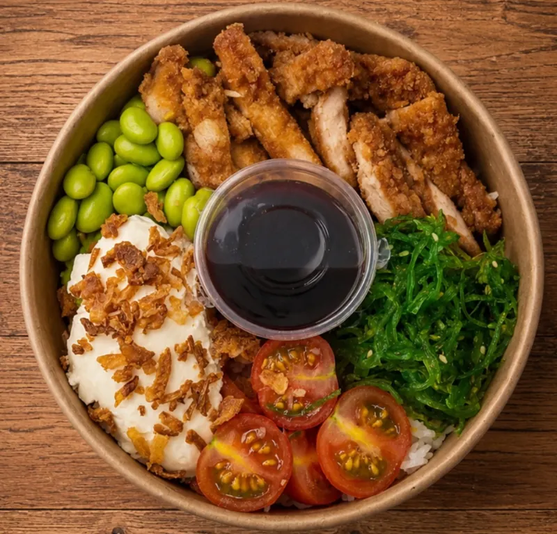 Poke de pollo con edamame, wakame y tomates cherry